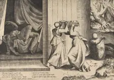 Judith passing the head of Holofernes to her maidservant, the decapitated Holofernes in..., 1531-76. Creator: Giulio Bonasone