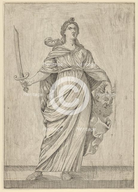 Judith standing on a ledge holding the head of Holofernes in her left hand.., 17th century. Creator: Anon.