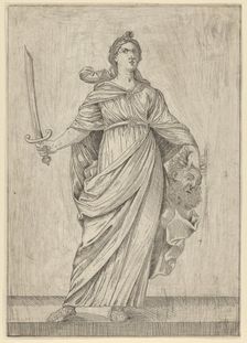 Judith standing on a ledge holding the head of Holofernes in her left hand.., 17th century. Creator: Anon