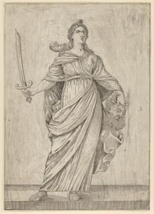 Judith standing on a ledge holding the head of Holofernes in her left hand.., 17th century. Creator: Anon