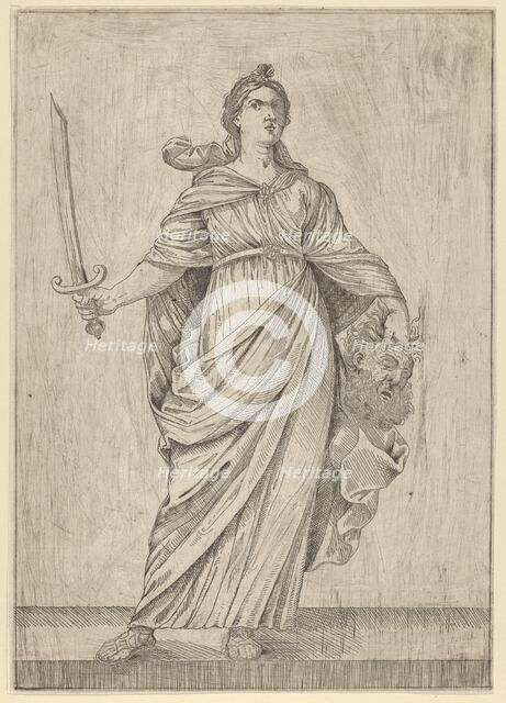 Judith standing on a ledge holding the head of Holofernes in her left hand.., 17th century. Creator: Anon.