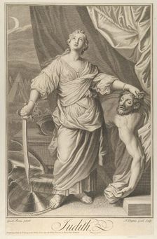 Judith standing and looking up, holding the head of Holofernes in her left hand and..., ca. 1718-61. Creator: Nicolas-Gabriel Dupuis