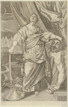 Judith standing and looking up, holding the head of Holofernes in her left hand and a..., 1650-1750. Creator: Anon
