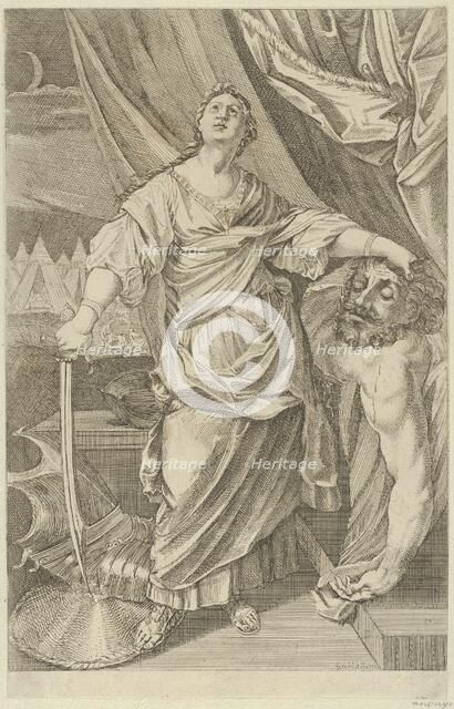 Judith standing and looking up, holding the head of Holofernes in her left hand and a..., 1650-1750. Creator: Anon.