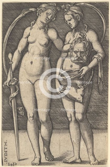 Judith standing to right and holding the head of Holofernes in her right hand and a..., ca. 1520-30. Creator: Sebald Beham.