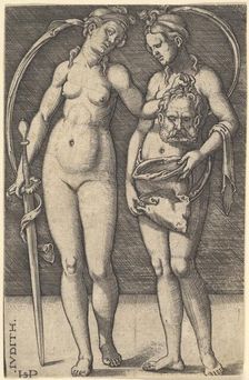 Judith standing to right and holding the head of Holofernes in her right hand and a..., ca. 1520-30. Creator: Sebald Beham