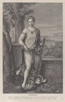 Judith standing with her foot on the head of Holofernes, ca. 1729. Creator: Antoinette Larcher