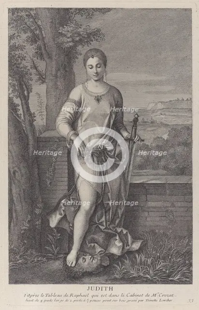 Judith standing with her foot on the head of Holofernes, ca. 1729. Creator: Antoinette Larcher.