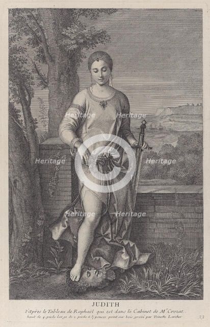 Judith standing with her foot on the head of Holofernes, ca. 1729. Creator: Antoinette Larcher.