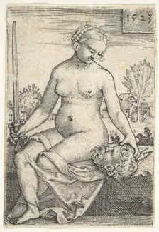 Judith, seated nude with a sword in her right hand, gazing down at the head of Holofernes ..., 1523. Creator: Barthel Beham