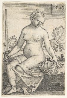 Judith, seated nude with a sword in her right hand, gazing down at the head of Holofernes ..., 1523. Creator: Barthel Beham