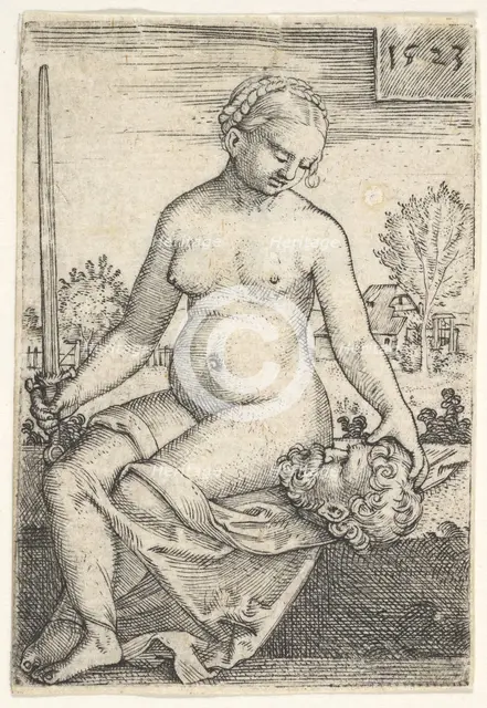 Judith, seated nude with a sword in her right hand, gazing down at the head of Holofernes ..., 1523. Creator: Barthel Beham.