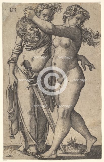 Judith walking to the left with the head of Holofernes in her right hand and a swor..., ca. 1530-50. Creator: Sebald Beham.