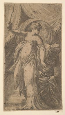Judith with her sword raised in her right hand and placing the head of Holofernes i..., ca. 1540-45. Creator: Andrea Schiavone