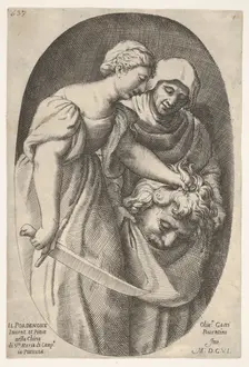 Judith with the head of Holofernes in her left hand and a sword in her right hand, accompa..., 1606. Creator: Oliviero Gatti