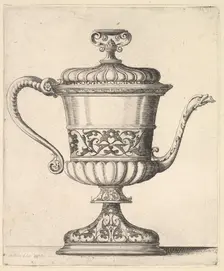 Jug with lid, engraved with arabesque pattern, the narrow spout to right ending in snak..., 1625-77. Creator: Wenceslaus Hollar