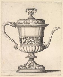 Jug with lid, engraved with arabesque pattern, the narrow spout to right ending in snak..., 1625-77. Creator: Wenceslaus Hollar
