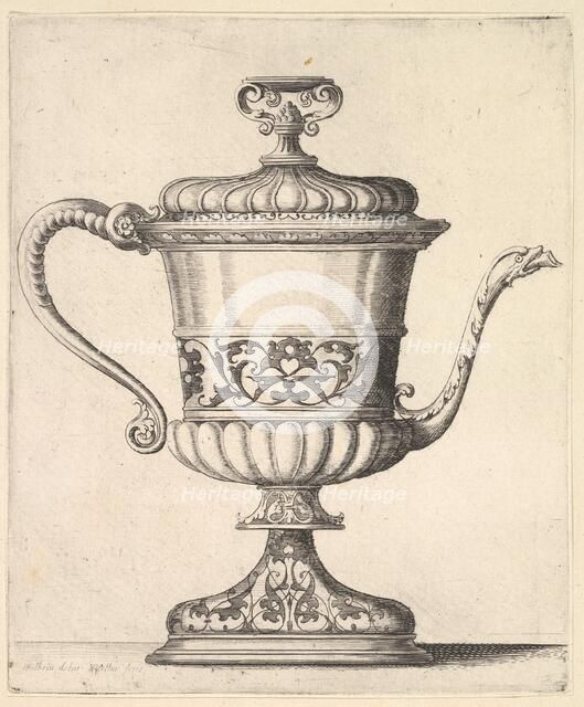 Jug with lid, engraved with arabesque pattern, the narrow spout to right ending in snak..., 1625-77. Creator: Wenceslaus Hollar.