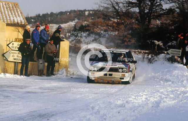 Juha Kankkunen in Lancia Delta HF during 1987 Monte Carlo Rally. He finished 2nd overall Artist: Unknown.