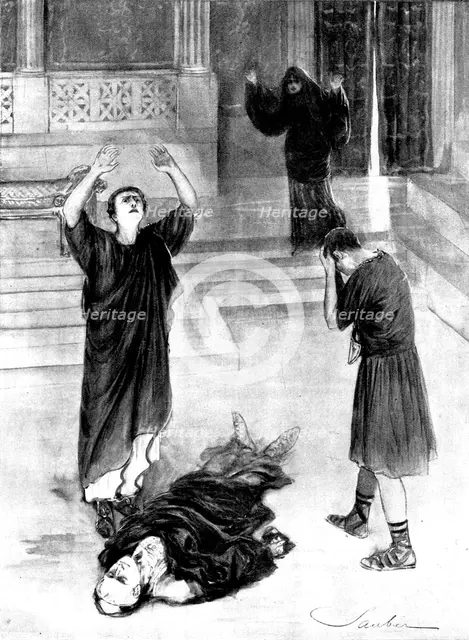 "Julius Caesar," at Her Majesty's Theatre: Mark Antony by the dead body of Caesar, 1898. Creator: Robert Sauber.