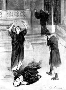 "Julius Caesar," at Her Majesty's Theatre: Mark Antony by the dead body of Caesar, 1898. Creator: Robert Sauber