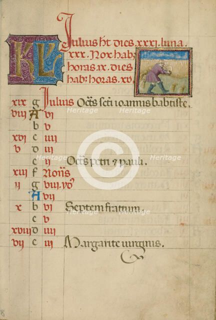 July Calendar Page; Harvesting Grain; Book of Hours, about 1460. Creator: Unknown.