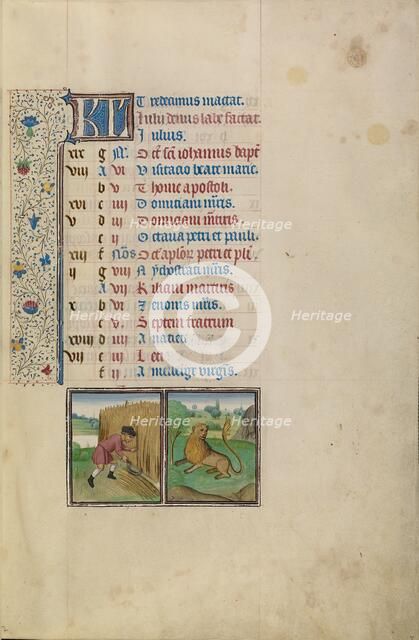 July Calendar Page: Reaping: Leo; Arenberg Hours, early 1460s. Creator: Workshop of Willem Vrelant.