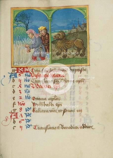 July Calendar Page; Reaping; Leo; Book of Hours, early 16th century. Creator: Unknown.