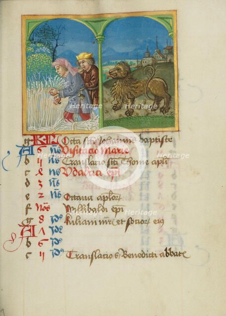 July Calendar Page; Reaping; Leo; Book of Hours, early 16th century. Creator: Unknown.