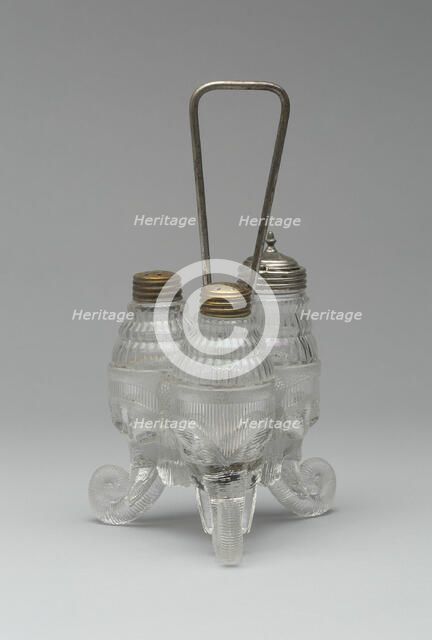Jumbo/Elephant pattern cruet stand with three bottles, 1883/5. Creator: Canton Glass Company.
