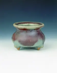 Jun stoneware tripod censer with red and purple splashes, Jin dynasty, China, 1115-1234. Creator: Unknown