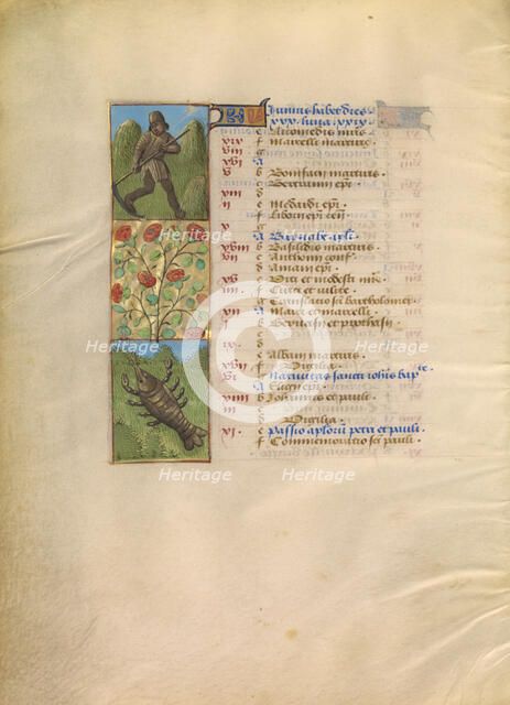 June Calendar Page; Mowing; Cancer; Katherine Hours, about 1480-1485. Creator: Unknown.
