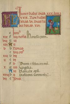 June Calendar Page; Gathering Fruit; Book of Hours, about 1460. Creator: Unknown