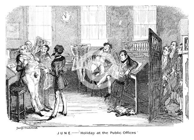 'June - Holiday at the Public Offices', c1836.Artist: George Cruikshank