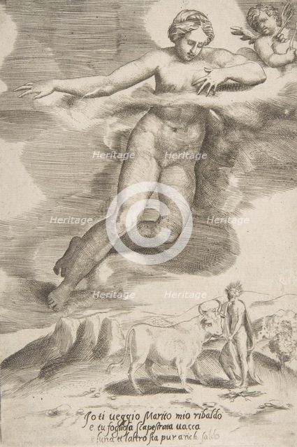 Juno watching Jupiter and Io, from "The Loves of the Gods", 1531-60. Creator: Giulio Bonasone.