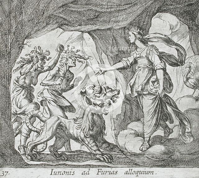 Juno with the Furies at the Gate of Hell, published 1606. Creators: Antonio Tempesta, Wilhelm Janson.