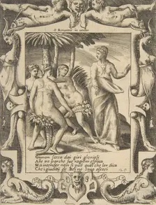 Juno at the right turning and speaking to the Fates, set within an elaborate frame, fro..., 1531-76. Creator: Giulio Bonasone