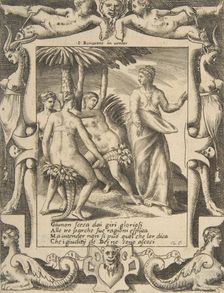 Juno at the right turning and speaking to the Fates, set within an elaborate frame, fro..., 1531-76. Creator: Giulio Bonasone