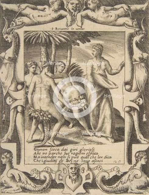 Juno at the right turning and speaking to the Fates, set within an elaborate frame, fro..., 1531-76. Creator: Giulio Bonasone.