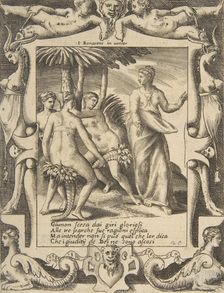 Juno at the right turning and speaking to the Fates, set within an elaborate frame, fro..., 1531-76. Creator: Giulio Bonasone