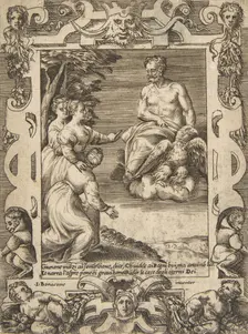 Juno at left asks Jupiter to help the Greeks, set within an elaborate frame, from the ..., 1531-76. Creator: Giulio Bonasone
