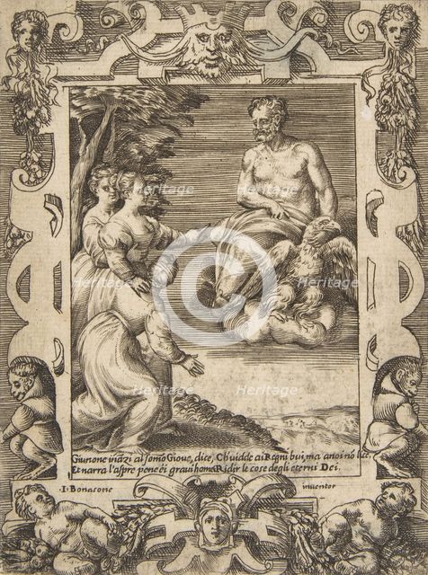 Juno at left asks Jupiter to help the Greeks, set within an elaborate frame, from the '..., 1531-76. Creator: Giulio Bonasone.