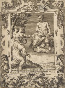 Juno at left asks Jupiter to help the Greeks, set within an elaborate frame, from the ..., 1531-76. Creator: Giulio Bonasone