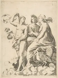 Juno, Ceres, and Psyche in the clouds conversing, Juno seated with a peacock at her..., ca. 1515-27. Creator: Marco Dente