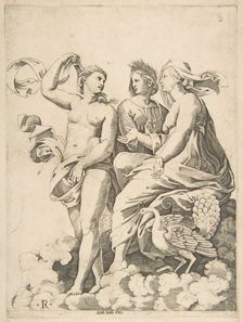Juno, Ceres, and Psyche in the clouds conversing, Juno seated with a peacock at her..., ca. 1515-27. Creator: Marco Dente