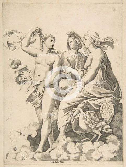 Juno, Ceres, and Psyche in the clouds conversing, Juno seated with a peacock at her..., ca. 1515-27. Creator: Marco Dente.