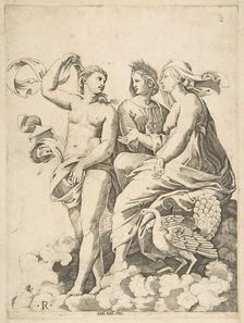 Juno, Ceres, and Psyche in the clouds conversing, Juno seated with a peacock at her..., ca. 1515-27. Creator: Marco Dente