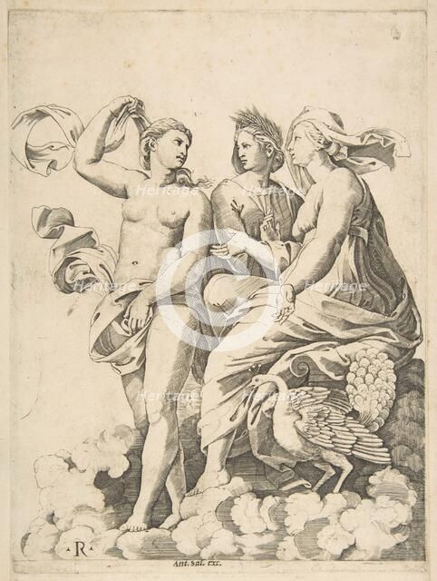 Juno, Ceres, and Psyche in the clouds conversing, Juno seated with a peacock at her..., ca. 1515-27. Creator: Marco Dente.