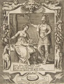 Juno, Mars and Cupid, set within an elaborate frame, from the Loves, Rages and Jealous..., 1531-76. Creator: Giulio Bonasone