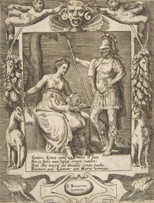 Juno, Mars and Cupid, set within an elaborate frame, from the Loves, Rages and Jealous..., 1531-76. Creator: Giulio Bonasone
